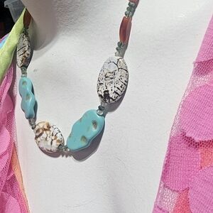 Turquoise color Beaded  and brown Amber Mix And Green  Beaded Necklace Festival